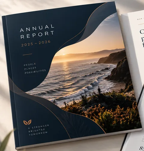Annual report 2025–2026 cover with a navy panel and coastal sunset photograph