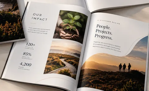 Our Impact spread pairing key figures with photography and the headline People. Projects. Progress.