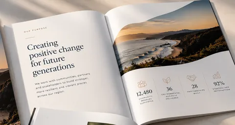 Our Purpose spread with serif headline and four impact figures beneath a coastal photograph