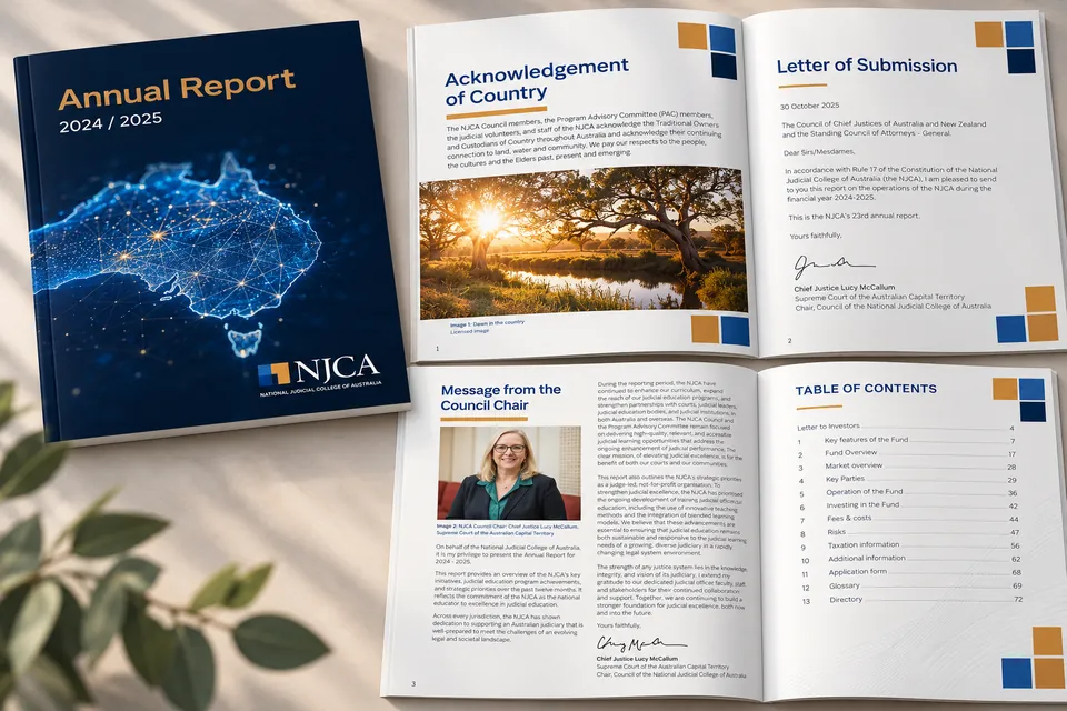 NJCA 2024–2025 annual report: navy cover with an Australian network graphic beside open spreads showing the Acknowledgement of Country, Letter of Submission and Message from the Council Chair