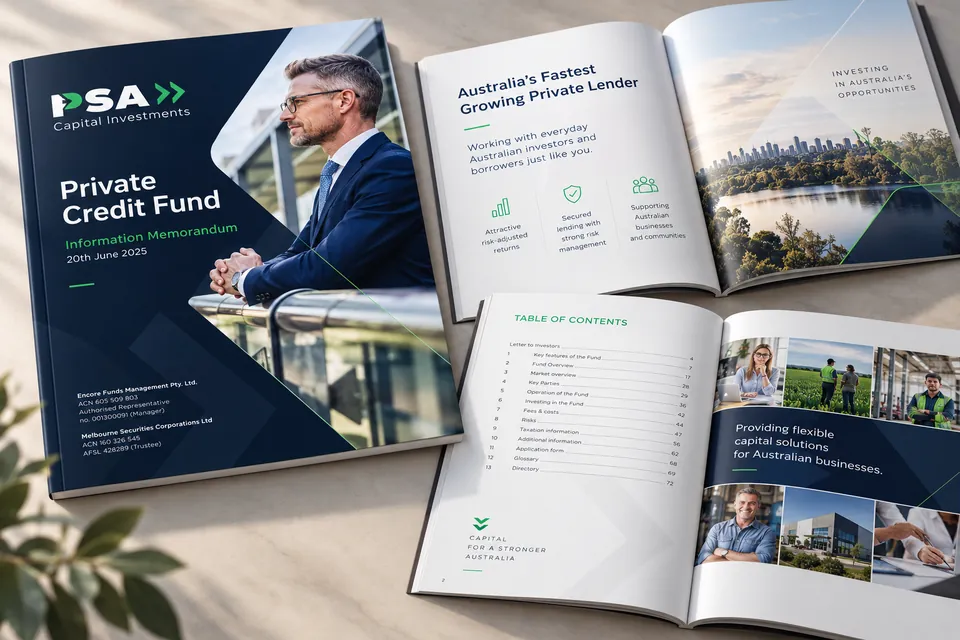 PSA Capital Investments Private Credit Fund information memorandum: cover with a businessman portrait beside spreads showing the table of contents, key benefits and photography